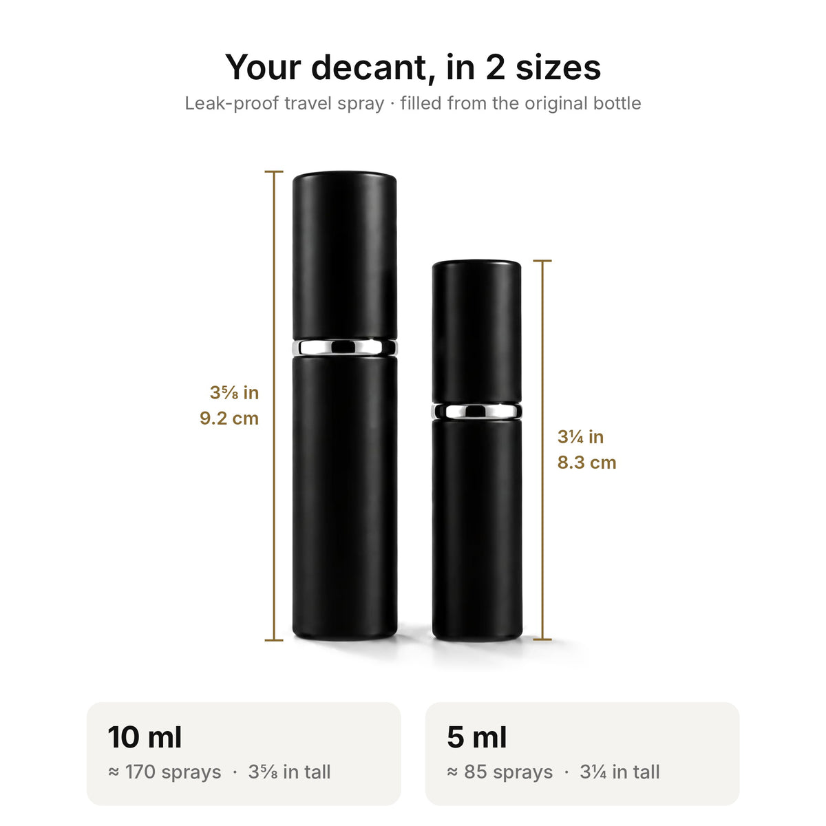 AvP Scents decant sizes: 10 ml (about 170 sprays, 3 5/8 in tall) and 5 ml (about 85 sprays, 3 1/4 in tall)