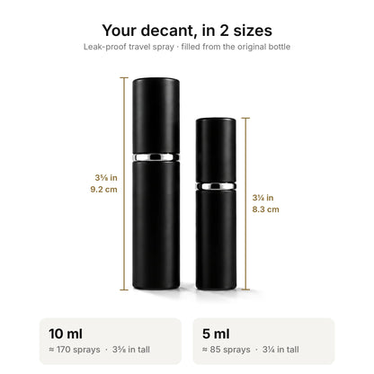 AvP Scents decant sizes: 10 ml (about 170 sprays, 3 5/8 in tall) and 5 ml (about 85 sprays, 3 1/4 in tall)
